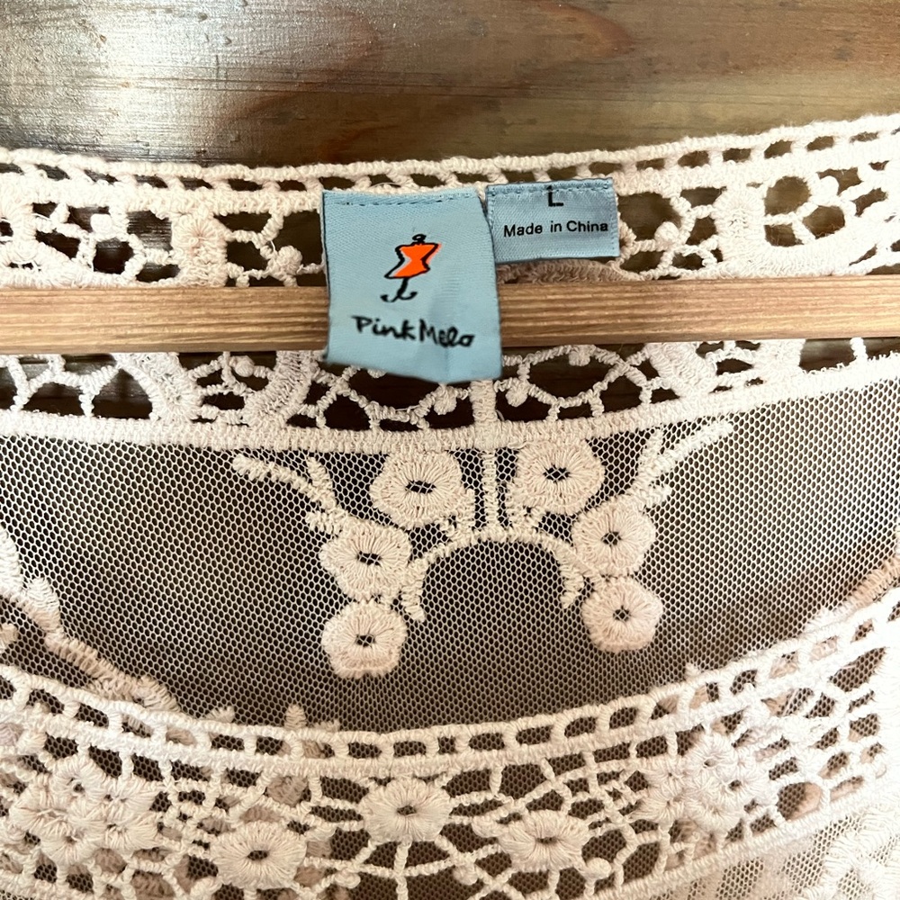 Pink Melo Sheer Embroidered Lace Peasant Top - Blush - Picture 6 of 10